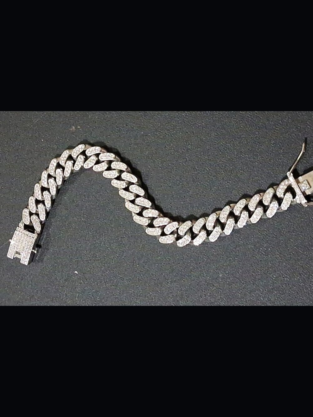 Chunky Silver Tone Cuban Link Curb Chain Bracelet, Heavy Pave Rhinestone 8"